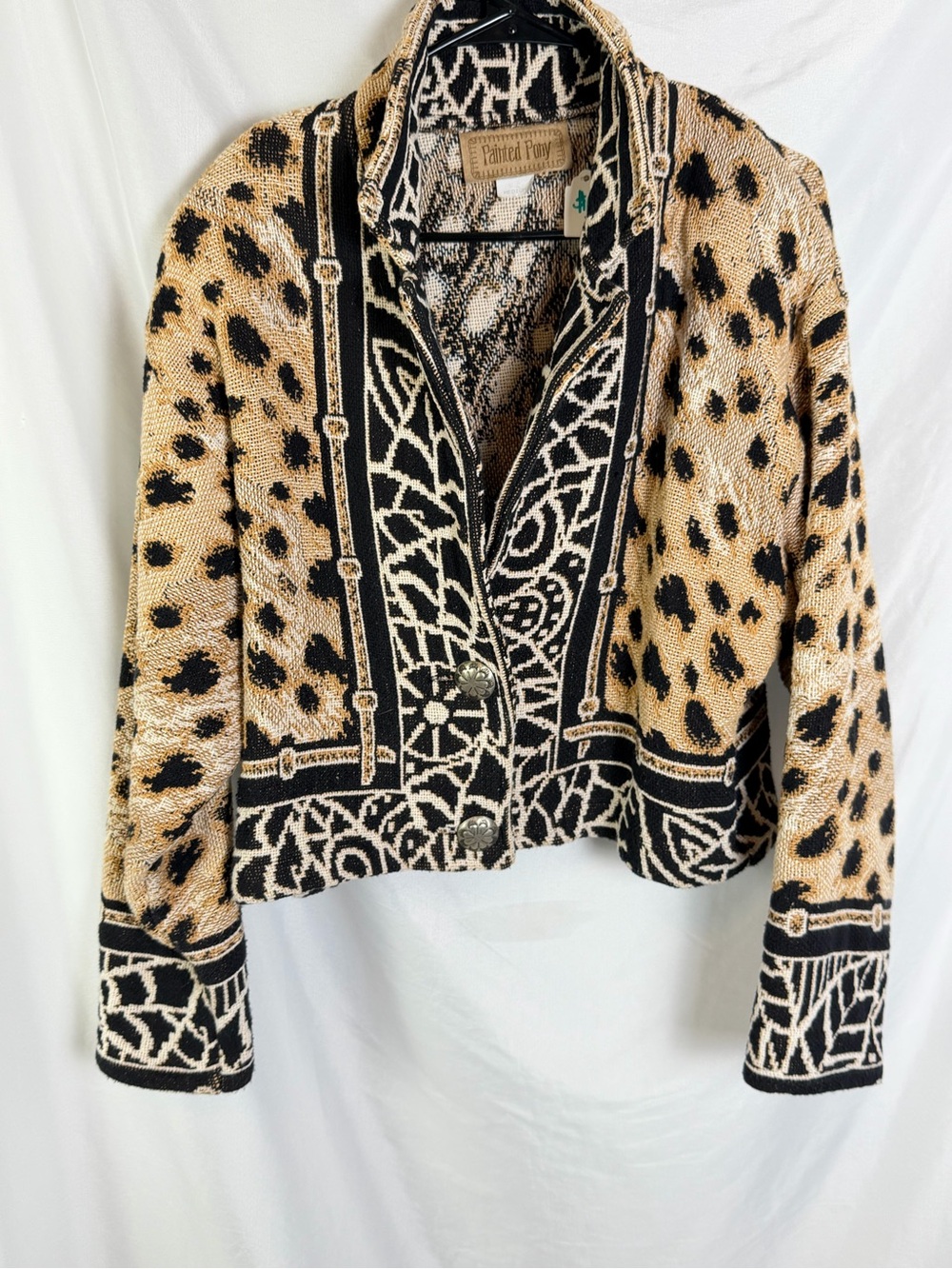 Vintage Painted Pony Animal Print Cotton Knit Jacket - Black & Tan M